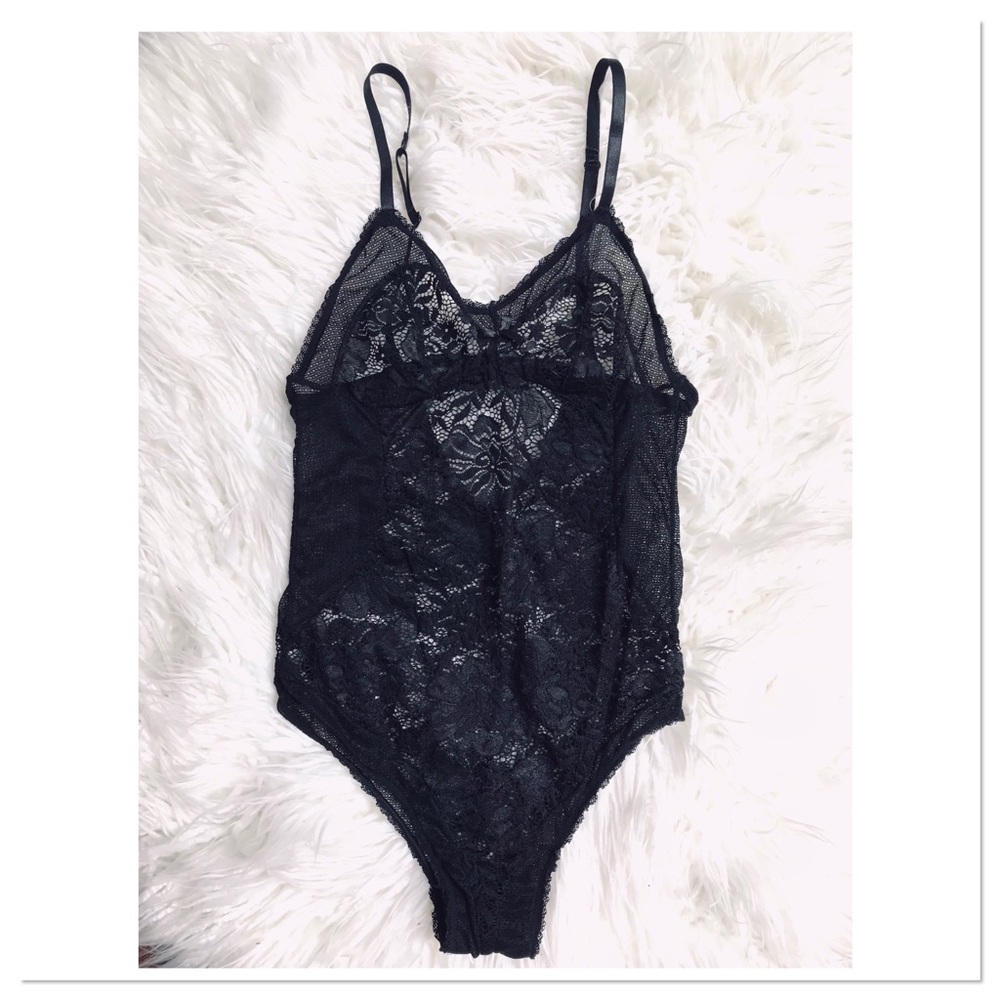Rene Rofe Black Lace See Through Bodysuit Medium